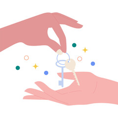 Vector illustration of handing keys. Hand of real estate agent gives house door keys to hand of customer. Concept of real estate, mortgage, investment for landing page or website.