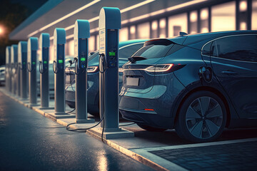 Fototapeta A line of electric cars charging at a public charging station. AI generation obraz
