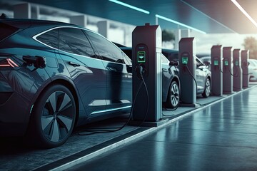 A line of electric cars charging at a public charging station. AI generation - obrazy, fototapety, plakaty