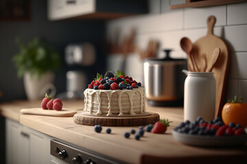 Obraz na płótnie Canvas fruit berry cake with smooth white glaze and .Generative AI