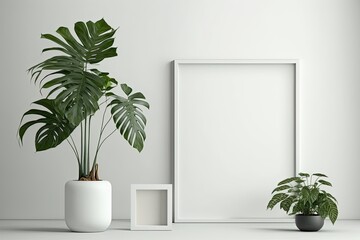 Contemporary Interior Design with Empty Square Frame Mockup and Green Plant Against White Wall. Generative AI.