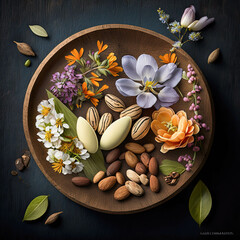 Obraz na płótnie Canvas Nuts and flowers snack plate , flatlay view