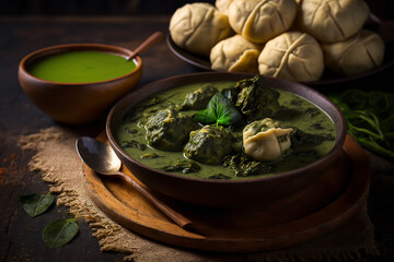 steaming bowl callaloo soup with greens Generative AI - obrazy, fototapety, plakaty