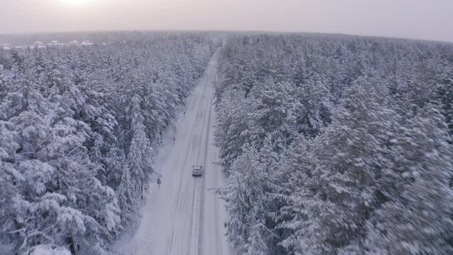Aerial footage a car driving on a road in winter forest landscape