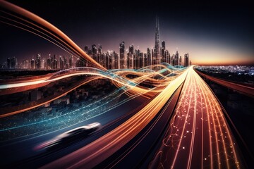 Naklejka na ściany i meble Smart digital city with high speed light trail of cars of digital data transfer. Generative AI.