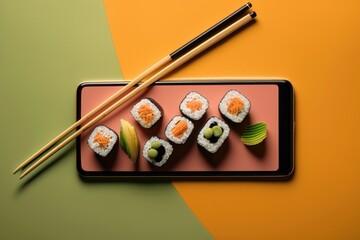 Tasty sushi rolls on screen of mobile phone and chopsticks on color background. AI Generation