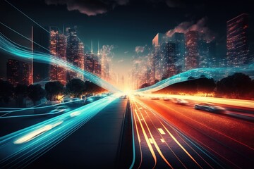 Obraz premium Smart digital city with high speed light trail of cars of digital data transfer. Generative AI.