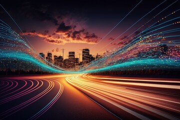 Smart digital city with high speed light trail of cars of digital data transfer. Generative AI.