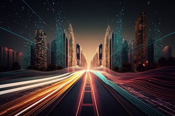 Fototapeta na wymiar Smart digital city with high speed light trail of cars of digital data transfer. Generative AI.