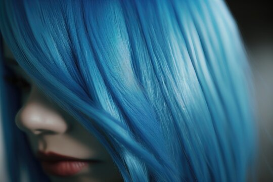 Blue hair of a young girl in close-up. AI Generation