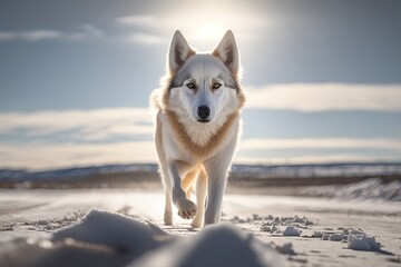 White sled dog walking. Generative AI.