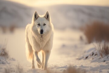 Obraz premium White sled dog walking. Generative AI.