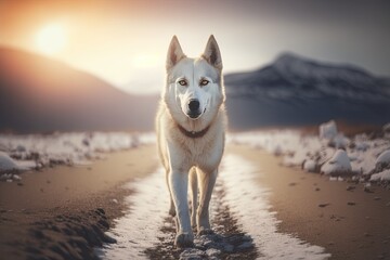 White sled dog walking. Generative AI.
