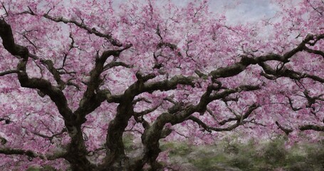 AIで生成した桜の老木のある風景画 AI-generated landscape painting with old Sakura trees. Generative AI ジェネレーティブ