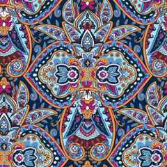 Turkish floral seamless pattern. Paisley folck vector background using boteh or buta. Fantasy decorative repeating tiles with tropical flowers and leaves. Festivale style.