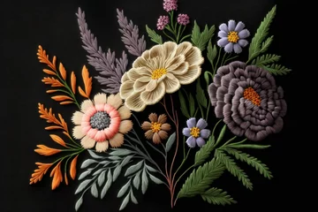 Foto auf Alu-Dibond Embroidery bouquet on black background. Floral print. AI generation © yuliachupina