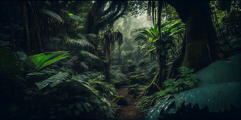 Dense rainforest with lush green foliage generated by AI