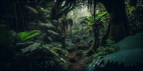 Dense rainforest with lush green foliage generated by AI
