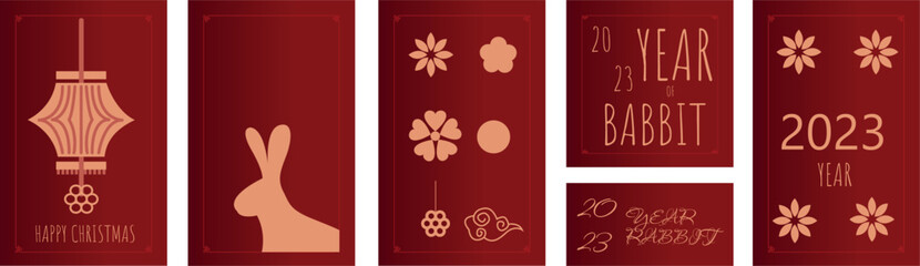 Chinese new year 2023 year of the rabbit, red paper cut rabbit character, flower and asian elements with craft style on background. Chinese translation : Happy chinese new year 2023, year of rabbit