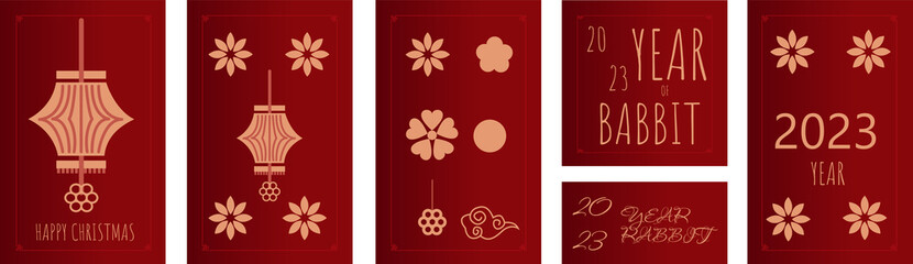 Chinese new year 2023 year of the rabbit, red paper cut rabbit character, flower and asian elements with craft style on background. Chinese translation : Happy chinese new year 2023, year of rabbit