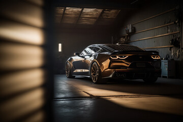 Photorealistic ai artwork concept design of a muscle car in a garage. Reflective. Generative ai.