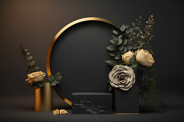 Black and gold podium with flowers for product presentation, illustration ai generative