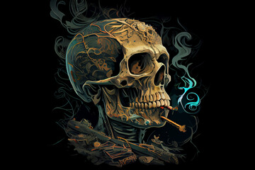 Human skull smoking a cigar. AI generated