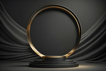 Black and golden circular podium with curtain for product presentation, illustration ai generative