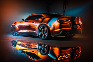 Photorealistic ai artwork concept design of a muscle car in a garage. Reflective. Generative ai.