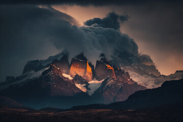 Fototapeta premium Photorealistic ai artwork landscape image of sunrise or sunset over dramatic and atmospheric mountains. Generative ai.