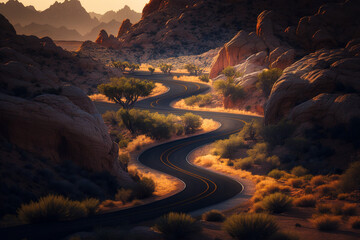 Photorealistic ai artwork of a winding road at sunset or sunrise in the desert canyons. Generative ai.