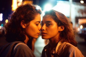 Naklejka premium Young lesbian couple in their moment of intimacy at night in the street. This image was created with generative AI 