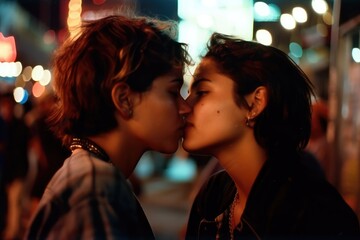 Young lesbian couple in their moment of intimacy at night in the street. This image was created with generative AI	