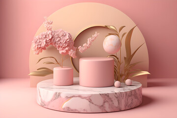 Pink podium with flowers for product presentation, illustration ai generative