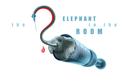 The Elephant inside Syringe - Elephant in the Room - Idiom - Metaphor for Tackling Challenging Topics - Isolated Realistic Illustration The elephant trunk morphs into a question mark. - 581583716