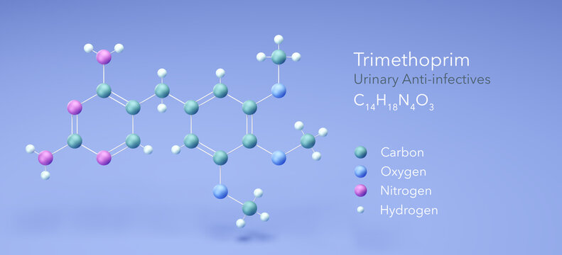 trimethoprim molecule, molecular structures, urinary anti-infectives, 3d model, Structural Chemical Formula and Atoms with Color Coding