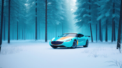 Blue sports car parked in a snowy forest. Generative AI