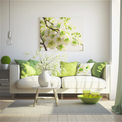 Spring home decor in shades of green. Composition with sunlight and white cherry branches. Design or project concept for home decor. Generative AI content