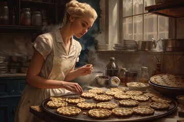The pie maker, girl holding a pie looking at the camera. Generative AI