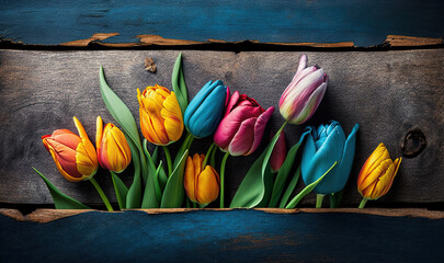 Spring Tulips Rustic Wood Barn Plank Background Easter Mother's Day Generative AI