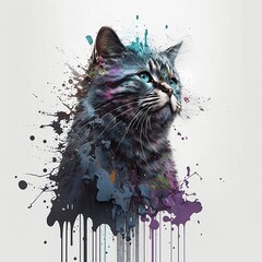 Cat splashed with colors. Cat on a light background. Striped cat. Generative AI.