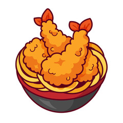 Japanese udon noodles soup recipe illustration vector. Japanese udon with crispy prawn. Asian shrimp tempura udon noodle soup. Japanese food udon noodle soup cartoon. Seafood noodle icon design.