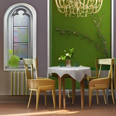 A dining room with a small table and two chairs The table is set with a white tablecloth, and there is a vase of flowers on it The walls are a light color, and there is a windo