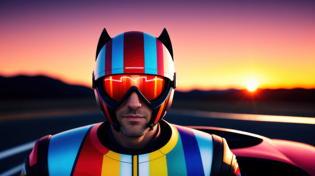 Man dressed in a colorful daredevil outfit with flared ears. Generative AI