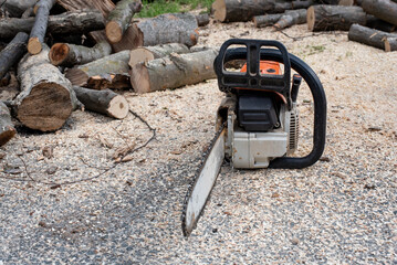 Close-up view of a chainsaw on the ground with lots of sawdust and chopped wood in the background.