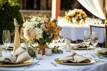 Fototapeta na wymiar Flowers on Dining table with festive decor Generative AI