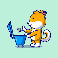 cute dog throwing trash in the trash cartoon icon illustration. illustration for education