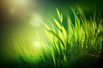 Little green grass spring natural background, closeup with back light, AI generative