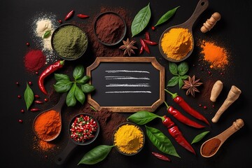 Asian (indian) spices collection on chalkboard. Generative AI