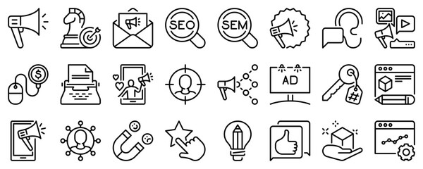 Line icons about marketing on transparent background with editable stroke.